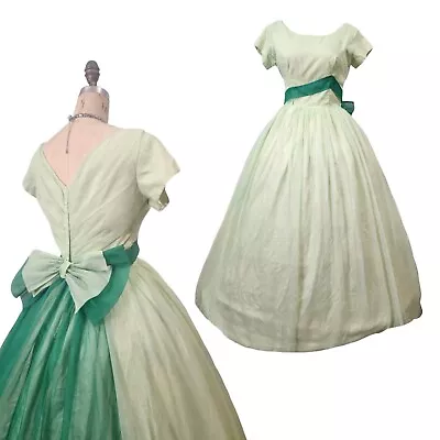 Vtg 50s Prom Dress M/L Green Gown Bow Long Chiffon Asymmetrical Floor Length M/L • $189.99