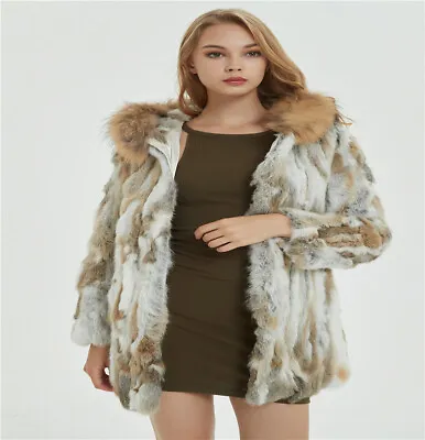 Womens Beautiful Luxurious 100% Real Rabbit Fur Mid Length Coat Outwear Winter • $102.68