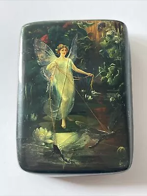 Vintage Black Lacquer Box Russian Painting Masterful Fairy Dragonfly Fantasy • $600