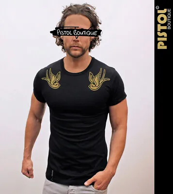 £19.80 • Buy Pistol Boutique Men's Fitted Black Crew Neck GOLD TATTOO SWALLOWS T-shirt