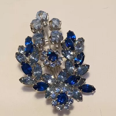 Vintage Signed VENDOME Brooch Rare Blue Rhinestone Silver Tone Flower Spray • $279