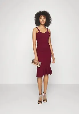 WAL G. Burgundy Red MIDI DRESS Jersey Dress Wine  Peplum Lace Bodycon Valentine • £5.45