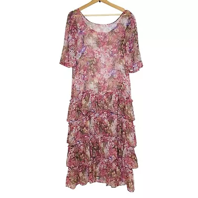 Marrika Nakk Pink Sheer Floral Ruffle Maxi Dress + Slip 2-Piece Set Cottagecore • $350