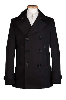 £49 • Buy Black Military Reefer Coat Cotton Pea Coat Jacket Double Breasted Mens New