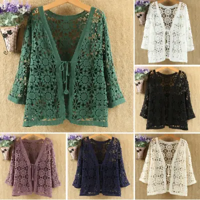 $21.70 • Buy Women Lace Crochet Shrug Cardigan Top Jacket Hollow Knitted 3/4 Sleeve Shawl