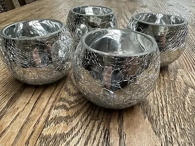 4 Crackle Glazed Silver Glass Bowl Shaped Tea Light Candle Holders • £20