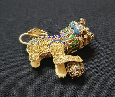 Vintage Mid-Century Brass Enamel Guardian Lion Pendant • $50