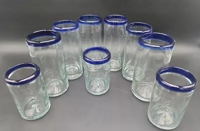 Set Of 9 Mexican Hand Blown Bubble Glasses Cobalt Blue Rim Tumblers.  NICE SET  • $29.99