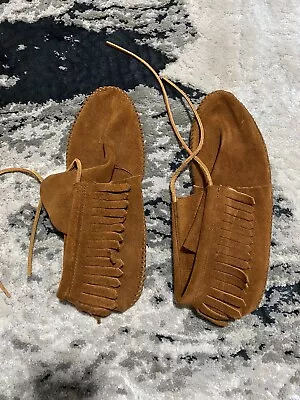 Minnetonka Tassel Ankle Moccasin Men’s Size 10 Tan Leather Vintage • $39