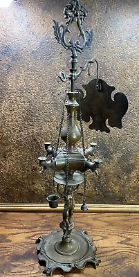 Antique Brass Cherub Figural Whale Oil Lamp W Tools & Reflector ~ 4 Burner • $199.86