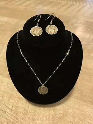 Mercury Dime Pendant With .925 18  Silver Necklace & Earrings-Handcrafted • $35