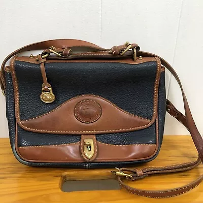 Vintage Dooney & Bourke Carrier Shoulder Crossbody Navy Blue Tan Pebble Leather • $35