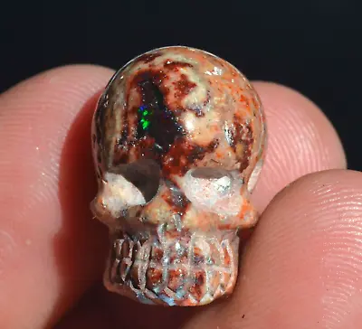 33 Ct MEXICAN NATURAL MATRIX FIRE OPAL SKULL STONE CARVING BEAD PENDANT FIGURINE • $25.49