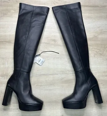 Nwb Zara Womens Boots Black 7.5 Leather High-heel Platform Zipper • $98.99