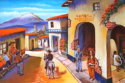 Mexican Pueblo Town Village Western Scene Stand Oil Canvas By Palomares Pm132 • $290