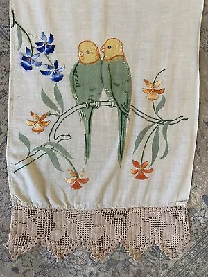 Vintage Handmade Embroidered Table Runner Dresser Scarf Parakeets Parrots Birds • $14.99