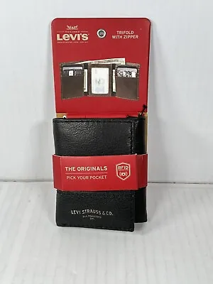 NEW Levi's Men's Genuine Black Leather RFID-Blocking Trifold Wallet With Zipper • $24.95