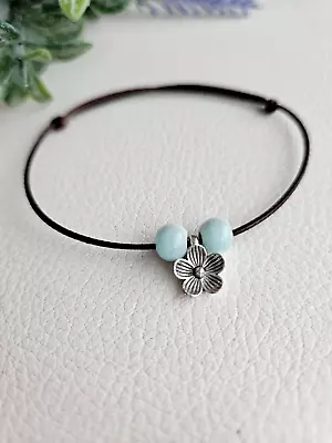 Brown Wax Cord Light Blue Ceramic Beaded Flower Charm Bracelet+Gift Bag • £4.50