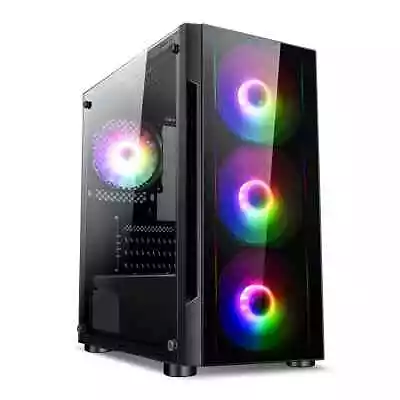 CiT Gamer Black Gaming ATX PC Case 4x 120mm A-RGB Fan Tempered Glass Panels • £44.95