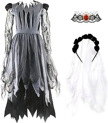 Ladies Ghost Bride Costume Ripped Halloween Fancy Dress And Veil Dead Wedding  • £23.49