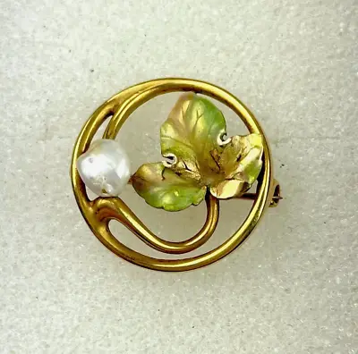 Art Nouveau Enamel 14k Gold Natural Pearl Bippart & Co Leaf Antique Brooch • $164.95