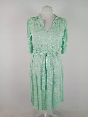 Women's M&S V-Neck Short Sleeves Belted Long Dress Green Ivory Floral NEW F2 • £12.99