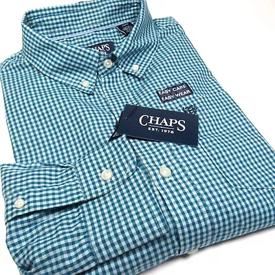 Chaps Men's L/S Check Plaid Shirt Easy Care Deep Turquoise Blue Size XL • $19.99