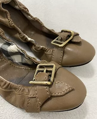 Burberry Women’s Ballet Pumps Size 7 Brown Leather House Check Flats Slip On • £80