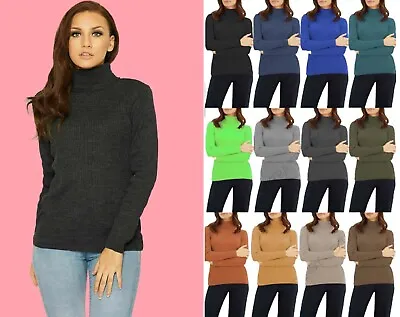 Womens Ladies Skinny Ribbed Polo Turtle High Roll Neck Long Sleeve Top Uk 8-26 • £4.99