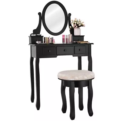 Mirrored Makeup Bedroom Vanity Table Wooden Set W/Padded Stool & Storage Drawers • $147.98