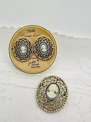 Vintage SARAH COVENTRY AQUA BLUE Cameo Lace Brooch Earrings Original Box Set • $19.99