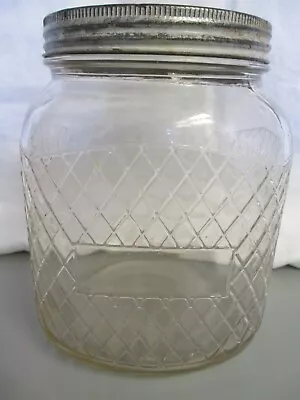 Vintage Diamond Embossed Square Glass Hazel-atlas Jar Metal Lid Very Nice • $29.99