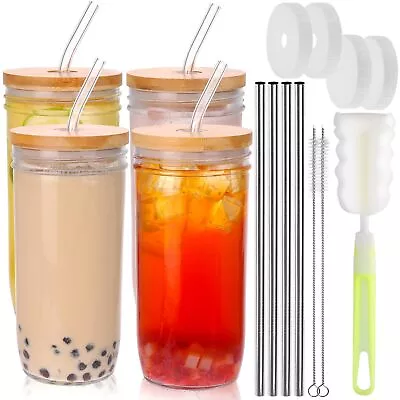 4pcs 24oz Glass Cups With Lids And Straws Mason Jar Cups Iced Coffee Tumble... • $29.32