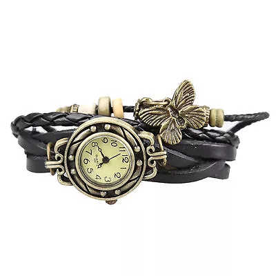 Women Retro Bracelet WristWatch Wrap Faux Leather Butterfly Beads Pendant Chain • $10.99