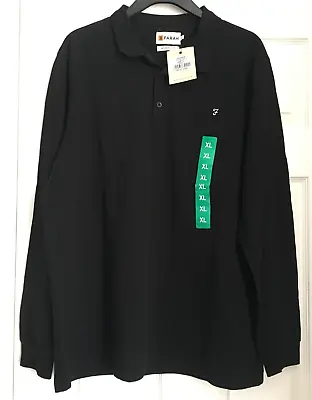 FARAH MODERN Fit Long Sleeve Organic Cotton Mesh Polo Shirt ~ BLACK~ XL • £19.99