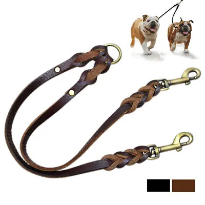 2 Way Leather Double Dog Twin Lead Pet Coupler/Splitter Leash For Two Dogs Walk • £9.99