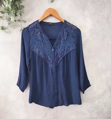 Anthropologie Mine Top Womens Medium Blue Lace Yoke Button Up 3/4 Sleeve Blouse • $16.05