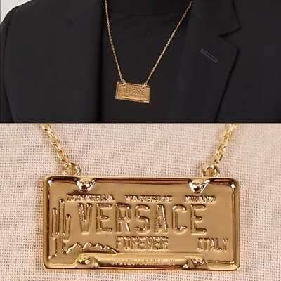 NEW $450 VERSACE Gold Tone Brass LICENSE PLATE LOGO CHARM Link Chain NECKLACE • $325