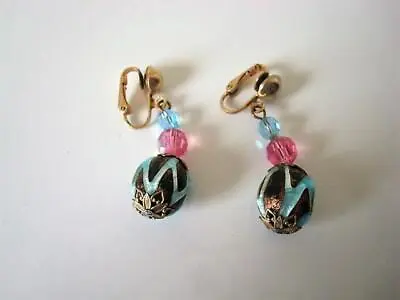 Vintage Clip On Earrings Brown Aqua Art Glass Dangles Pink Blue Beads As Found • $5