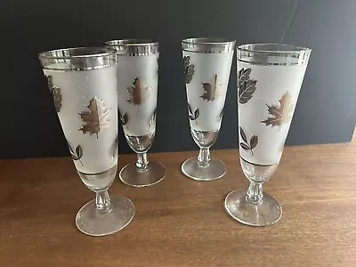 4 Vintage Libbey Frosted Pilsner Glasses Mid Century Barware Silver Leaf Foliage • $20