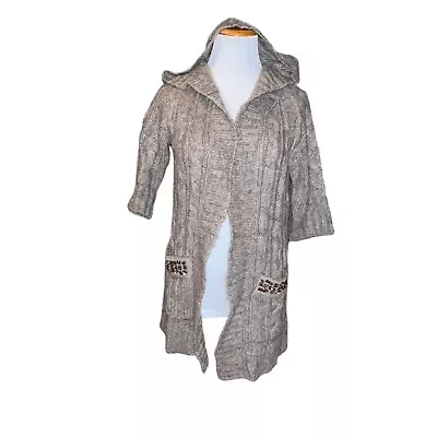 I Love H81 Women's Small Wool Gray Open Front Hooded Sweater With Beaded Pockets • $25.20