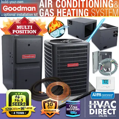 Goodman 4 Ton 14-14.3 SEER2 96% 120K BTU NG/LP Gas Furnace & AC Split System Kit • $5398