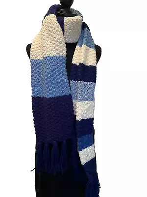 OBD Handmade Hand Knit Doppler Blue  Striped Winter Scarf W/Fringe • $36