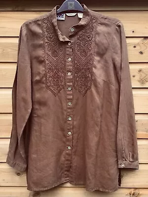 MALCOLM & CO Brown Irish Linen Embroidered Nehru Collar Shirt Size L • £15