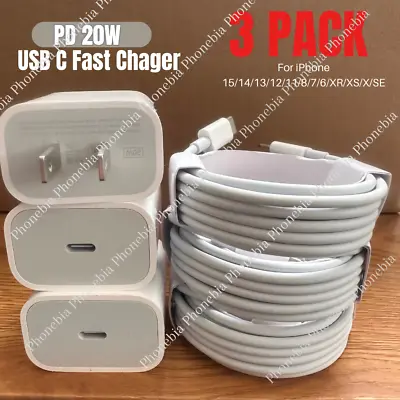 3Pack New 20W PD Fast Charger Cube USB C Cable For IPhone 15 14 13 12 11 Pro Max • $8.73