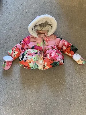 Baby Girls Pink Floral Ted Baker Designer Winter Coat And Mittens 12-18 Months • £17.99