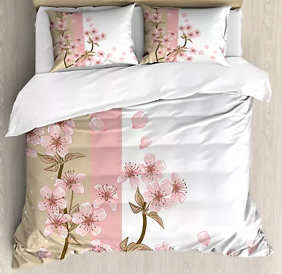 Japanese Duvet Cover Set With Pillow Shams Romantic Sakura Blooms Print • $69.99