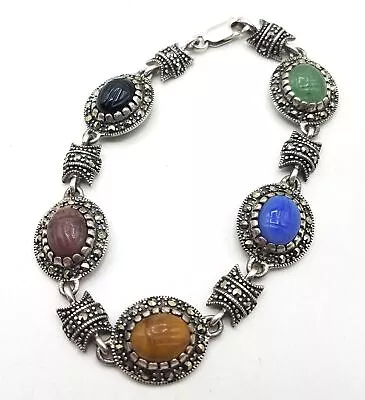 925 Silver Carved Moonstone & Marcasite Bracelet 7.5  • $12