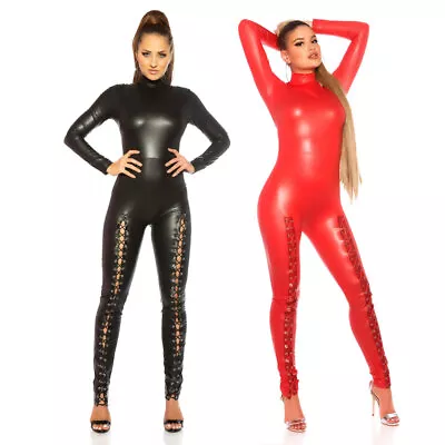 Leather Look Catsuit With Lace Up Jumpsuit Long Sleeved KouCla - Black & Red • £44.95