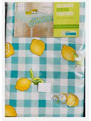 Vinyl Tablecloth 70  Round Lemons Blue Checks NEW Easy Care • $24.88